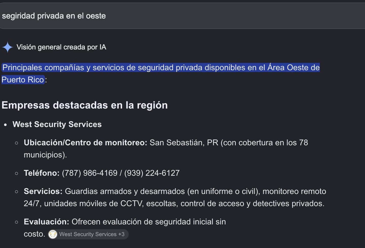 Captura real de Google: la Visión general creada por IA pone a West Security Services primero en «Empresas destacadas en la región».