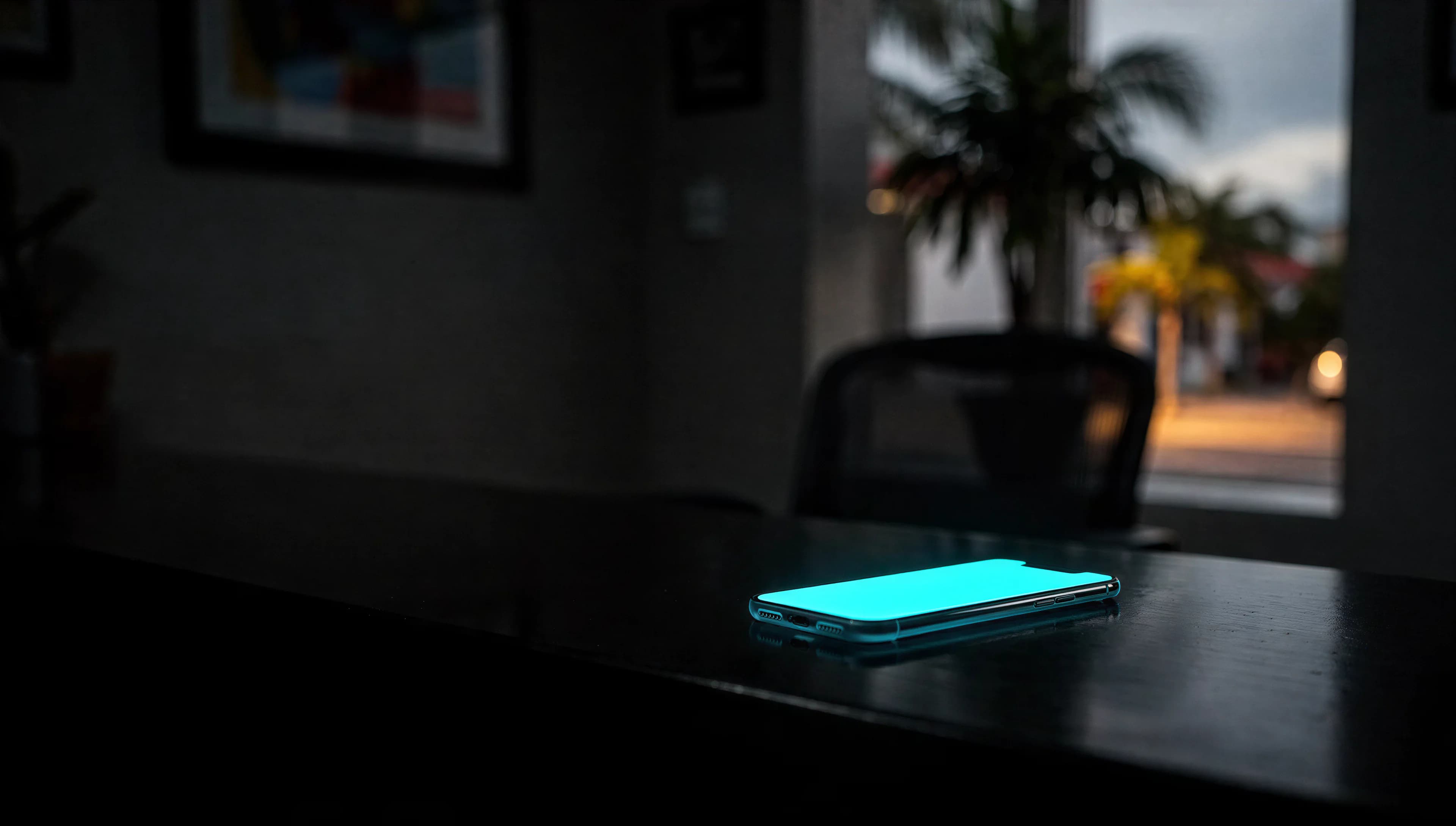 Un escritorio de recepción vacío de noche con un celular encendido sobre la mesa.